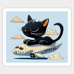 Funny Black Cat is Flying on the Plane Magnet